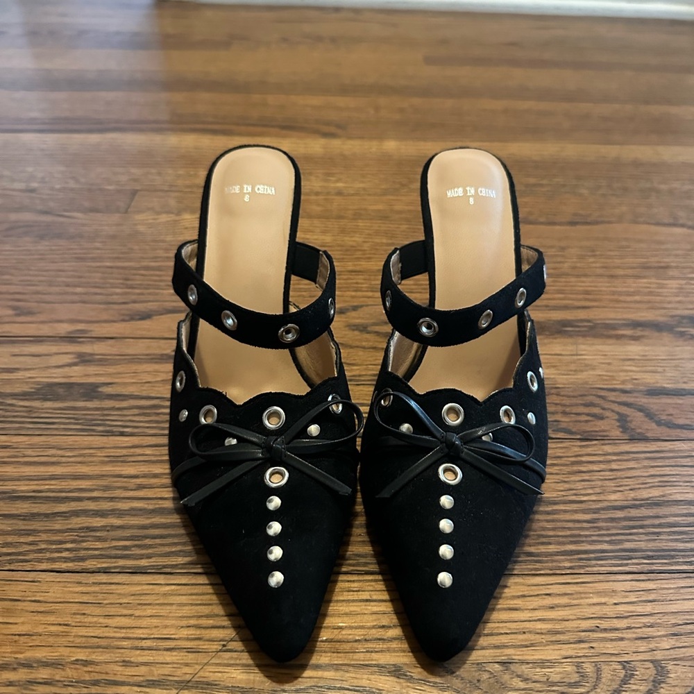 Amazon Black Pointed Slingback Mules with Bow and Grommet Detail